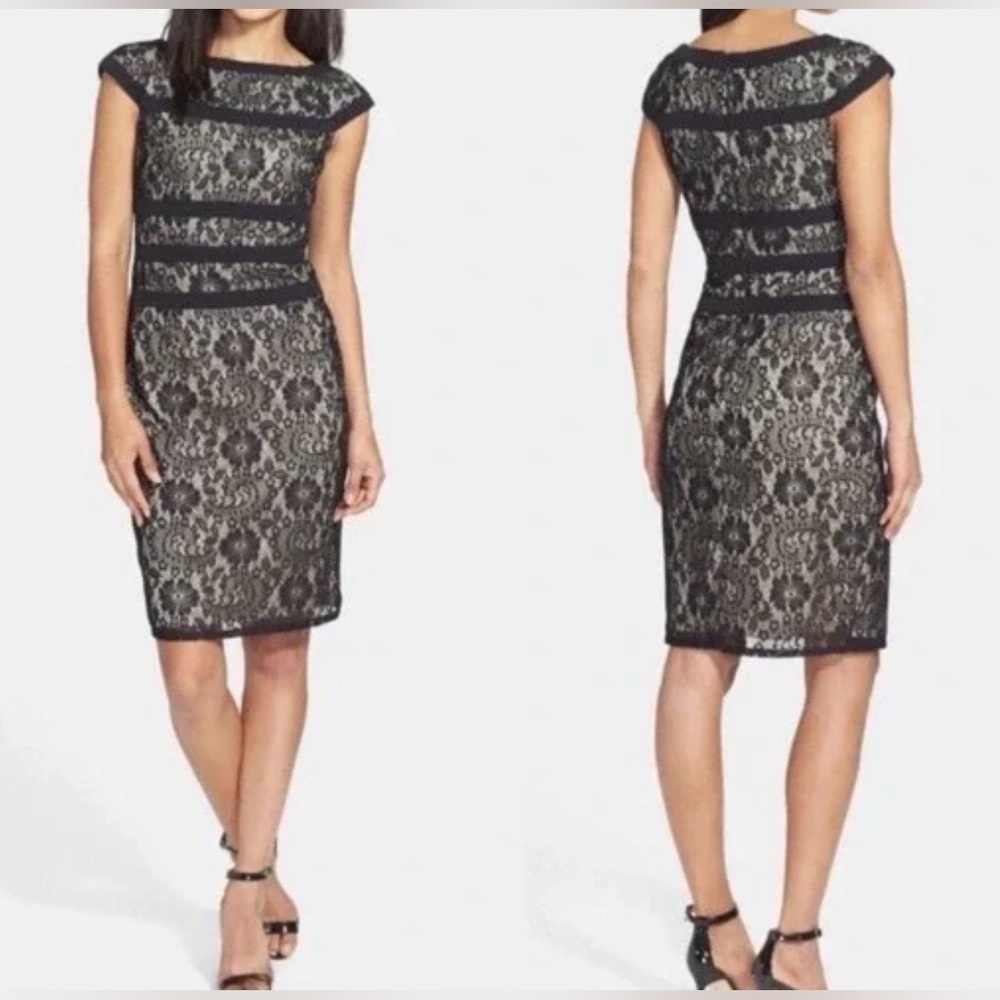 Adrianna Papell Black Lace Overlay Dress with Cap Sleeves Size 10